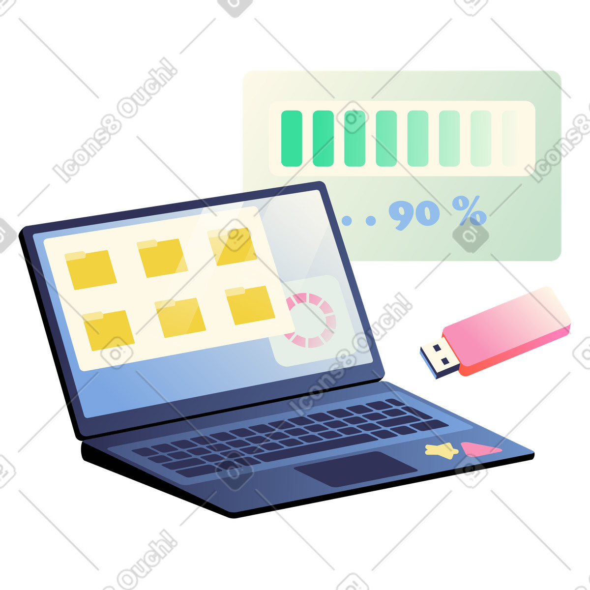 Laptop with USB flash drive and progress bar, File transfer or data backup illustration in PNG, SVG