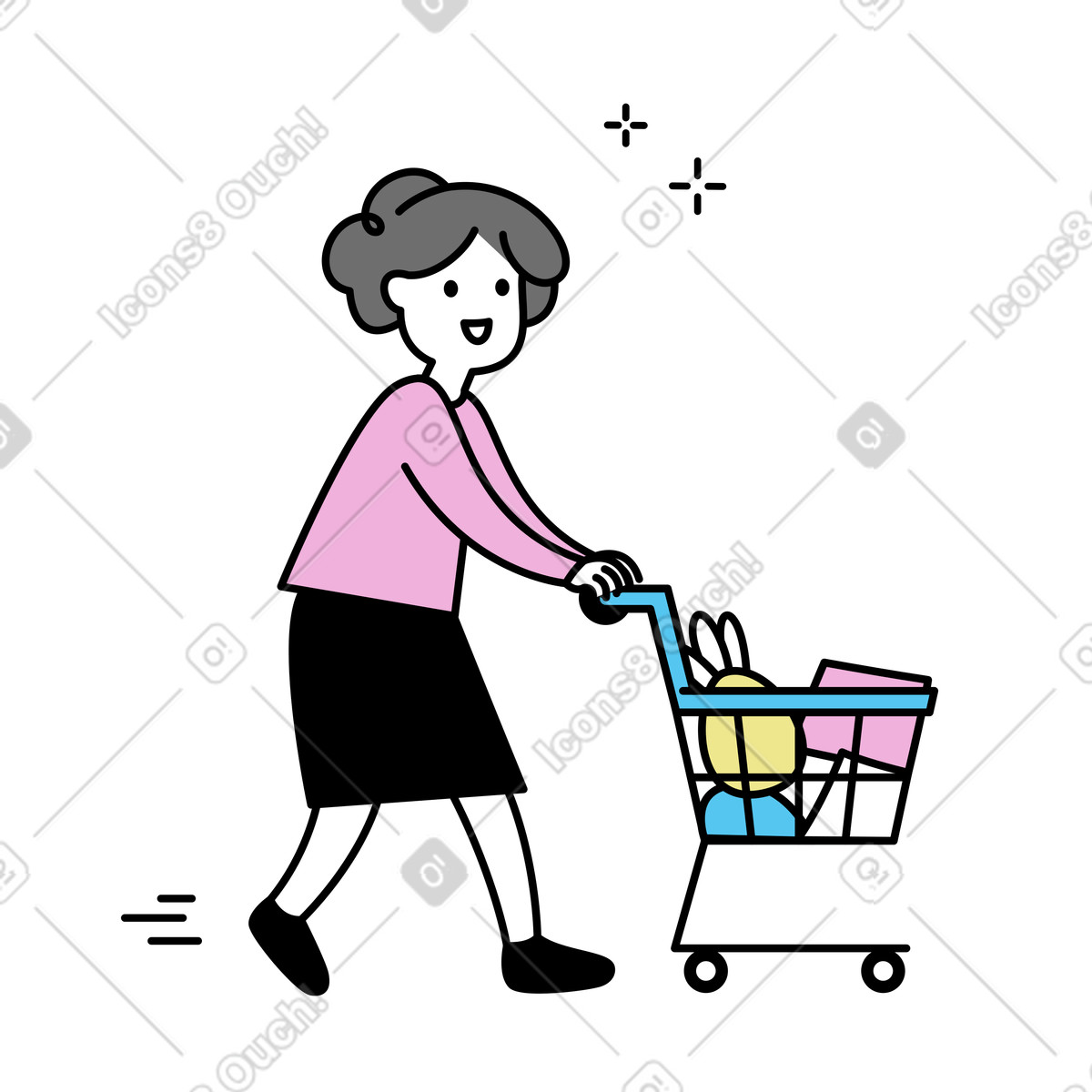 Illustration Une femme fait ses courses avec un chariot dans le style Mochi à télécharger aux formats PNG, SVG