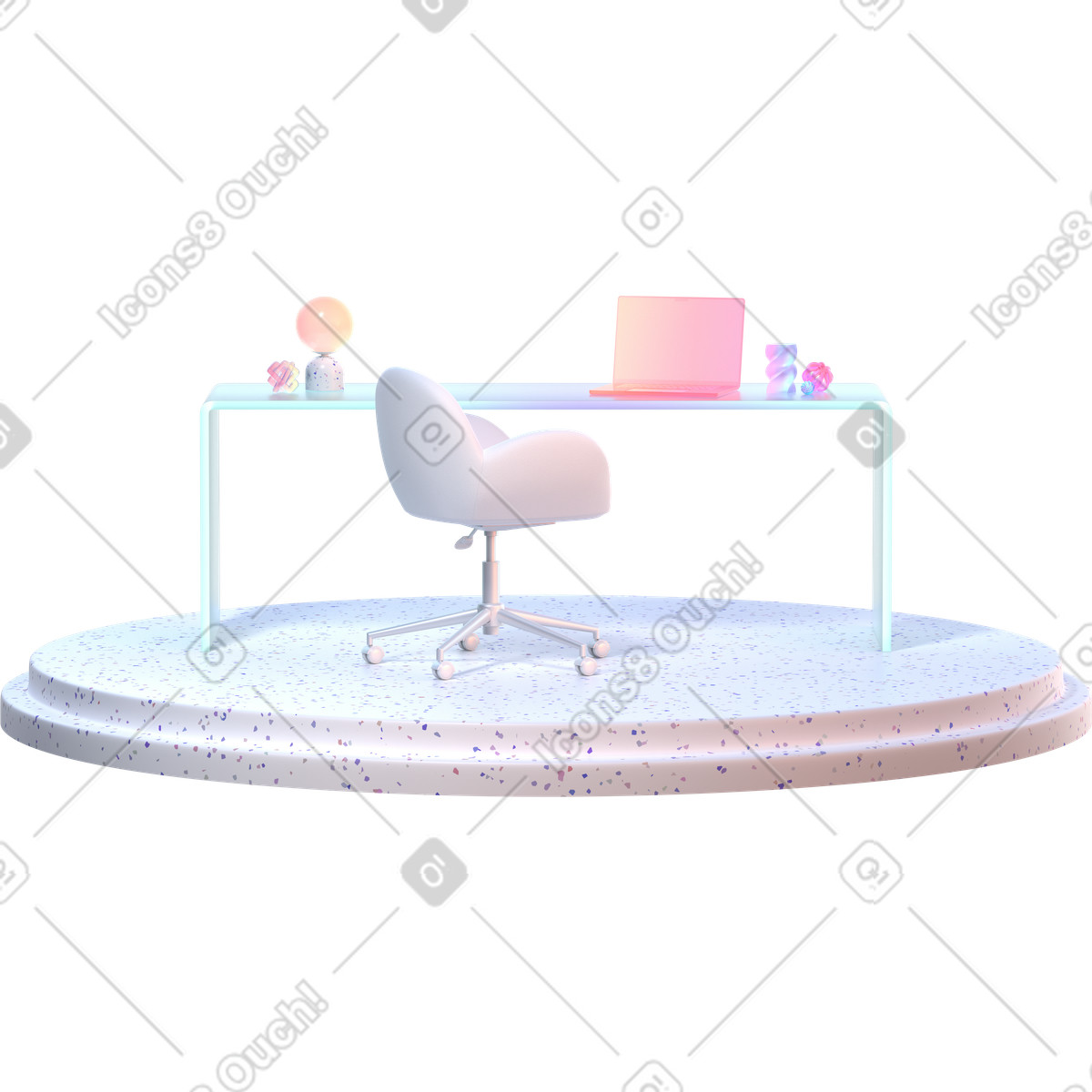 Ilustración Escritorio y silla minimalistas en colores pastel sobre una plataforma de terrazo estilo 3D Glassy a descargar PNG SVG