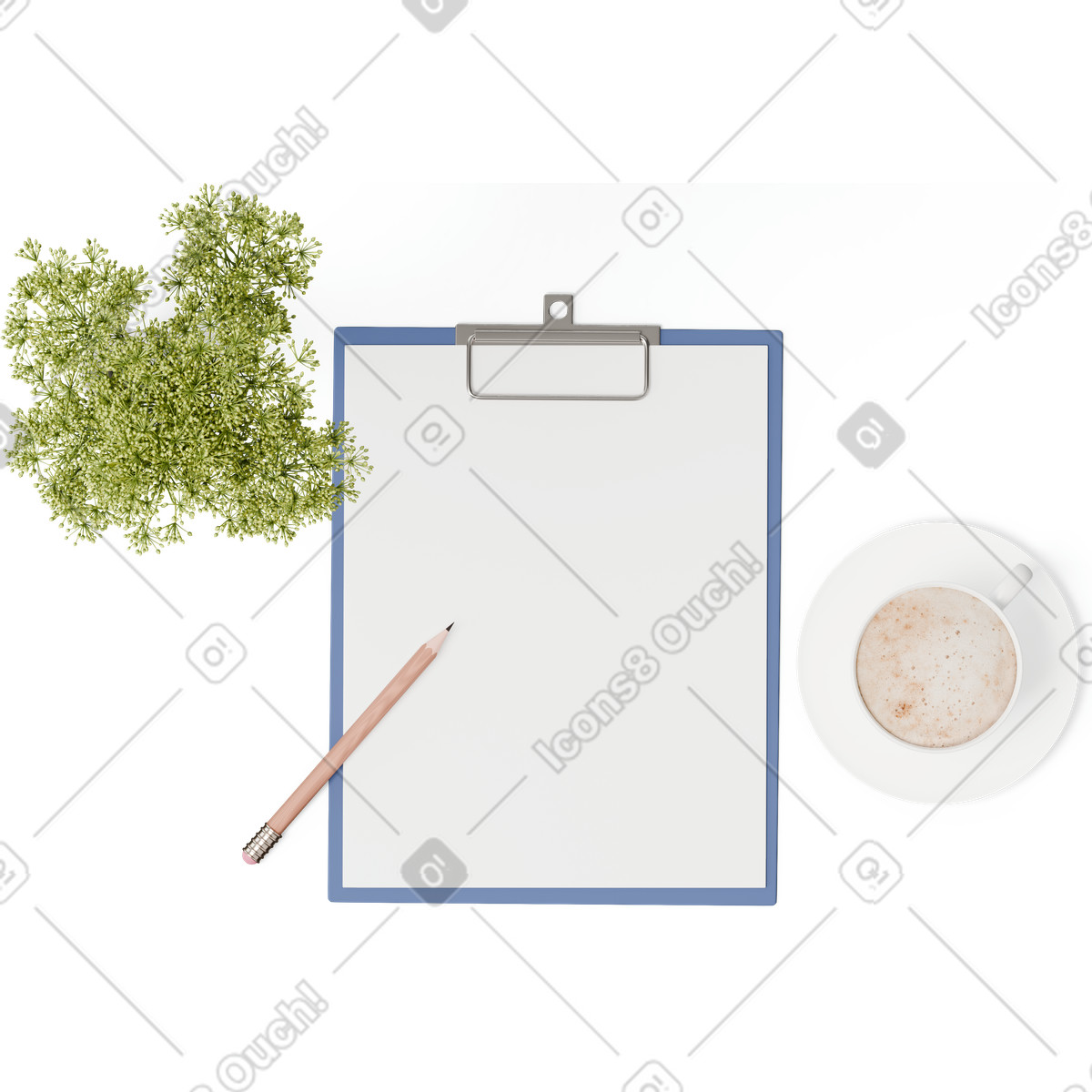 Illustration Vue de dessus du presse-papiers, d'une tasse café et plante dans le style 3D Hygge à télécharger aux formats PNG, SVG