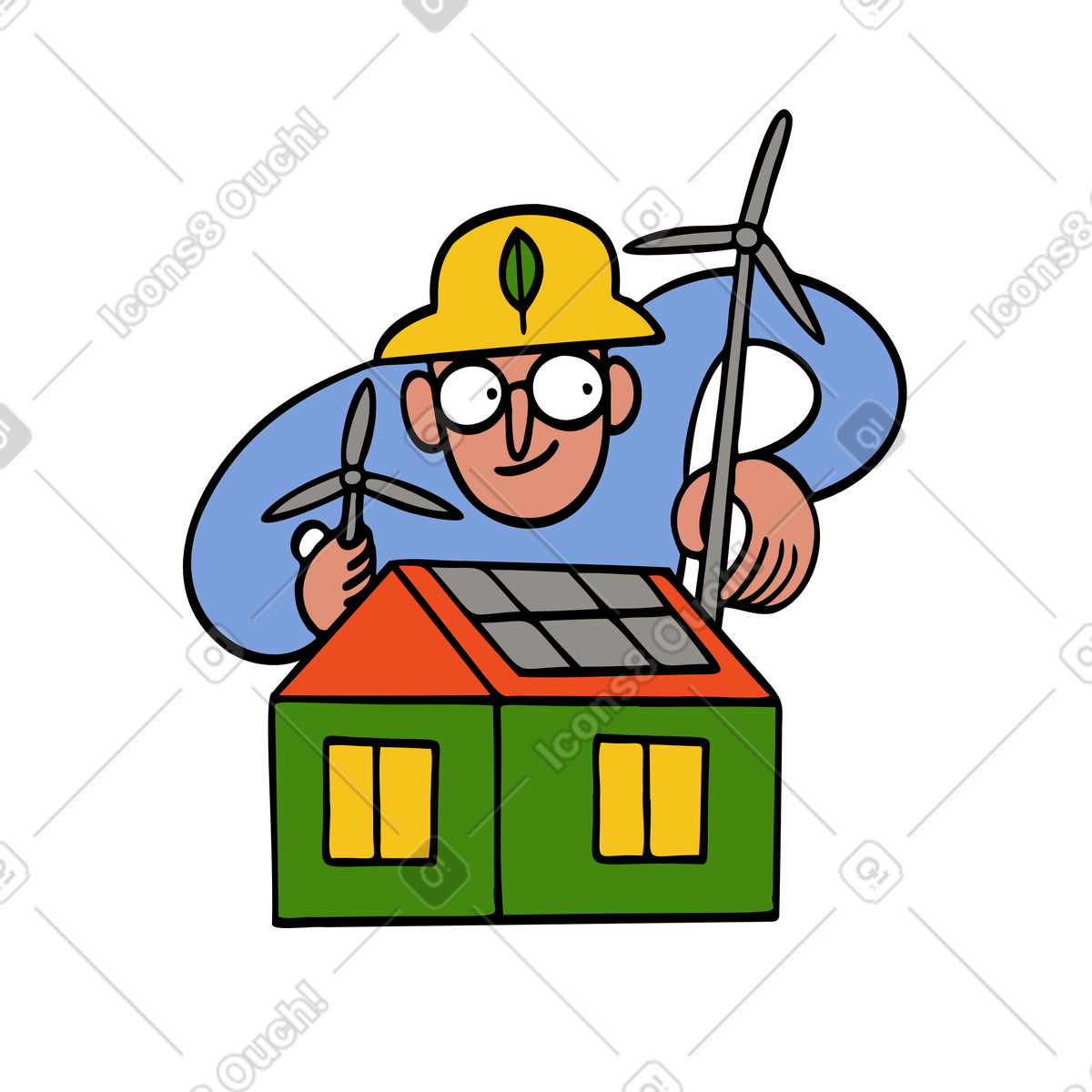 Ilustración Activista ecologista instala molinos de viento en una casa con paneles solares estilo Comic a descargar PNG y SVG
