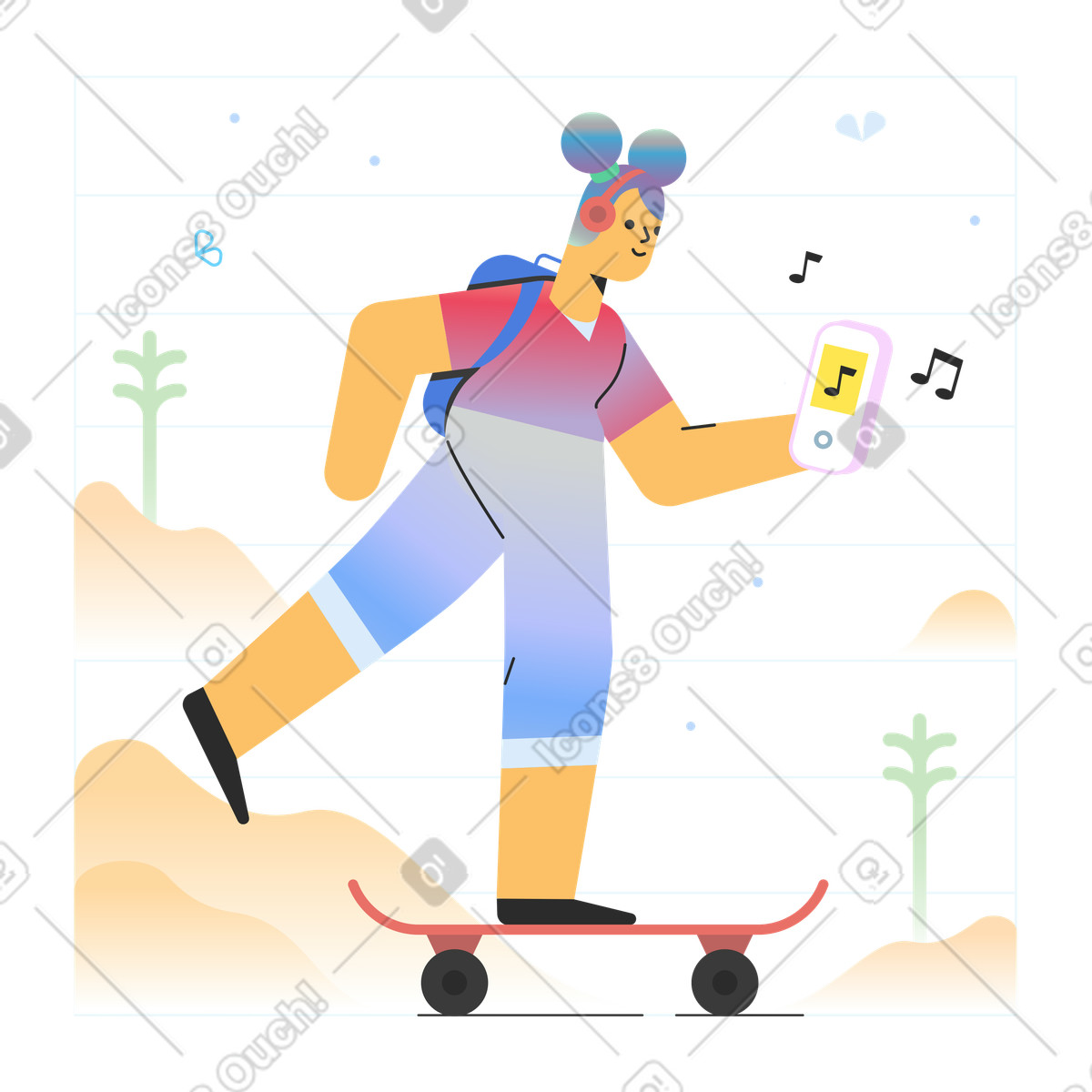 Ragazza sullo skateboard che ascolta la musica illustrazione in stile Marginalia scarica in PNG, SVG