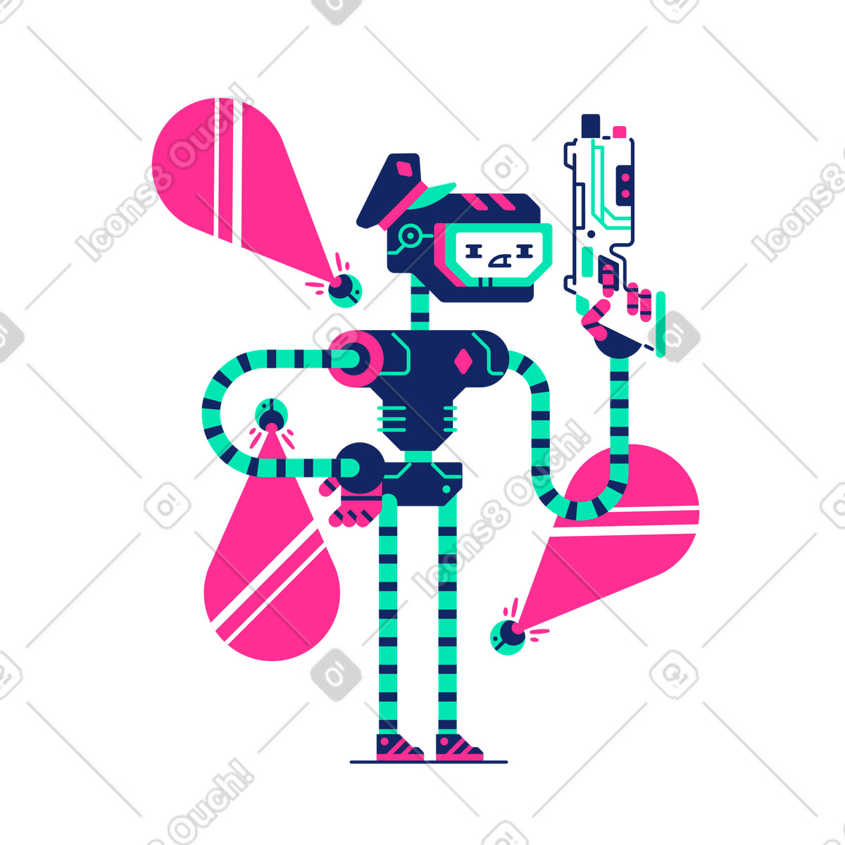 Cyborg da guardia con armi e luci stroboscopiche illustrazione animata in stile scaricabile in GIF, Lottie (JSON), AE