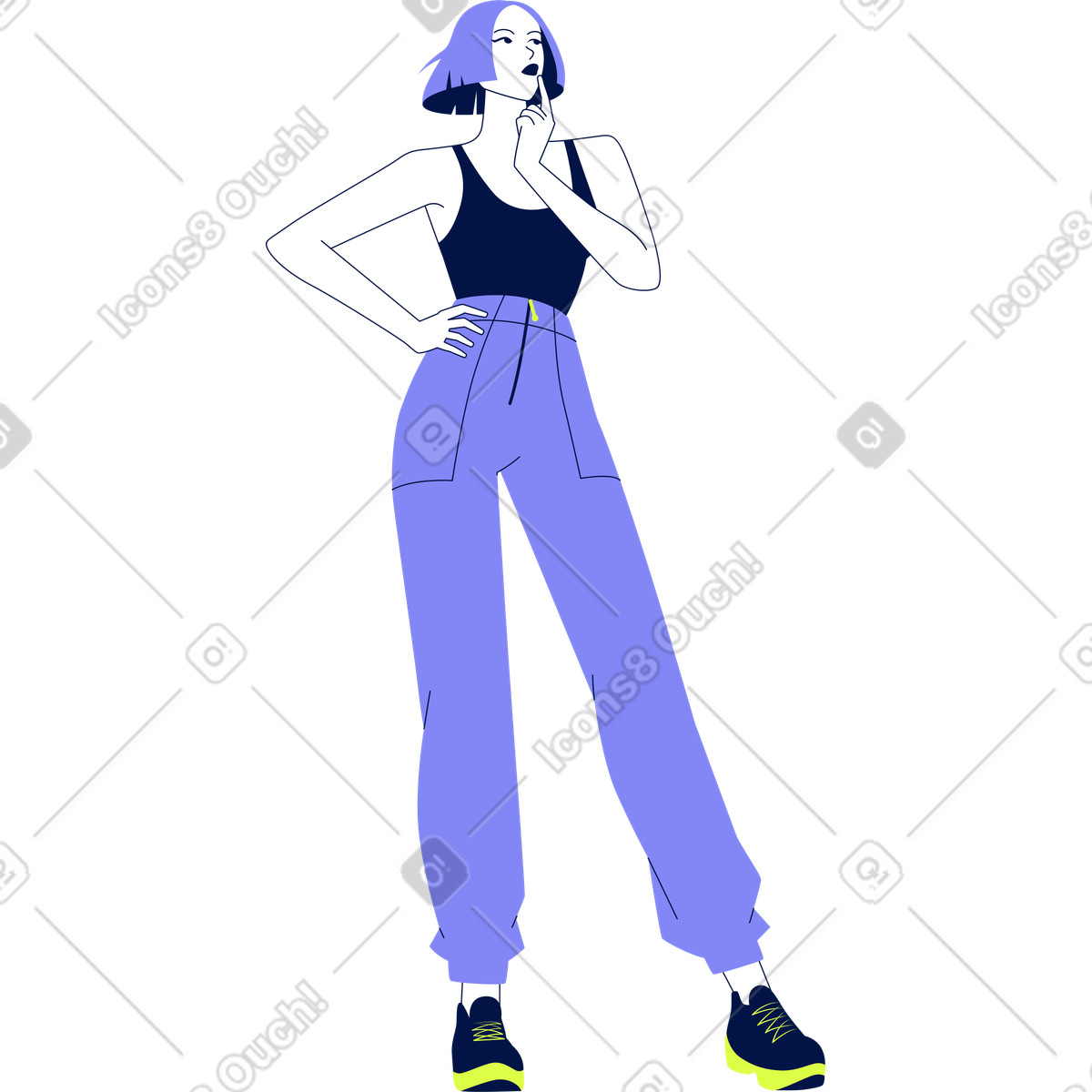 Standing young woman thinking illustration in Glow style download in PNG, SVG