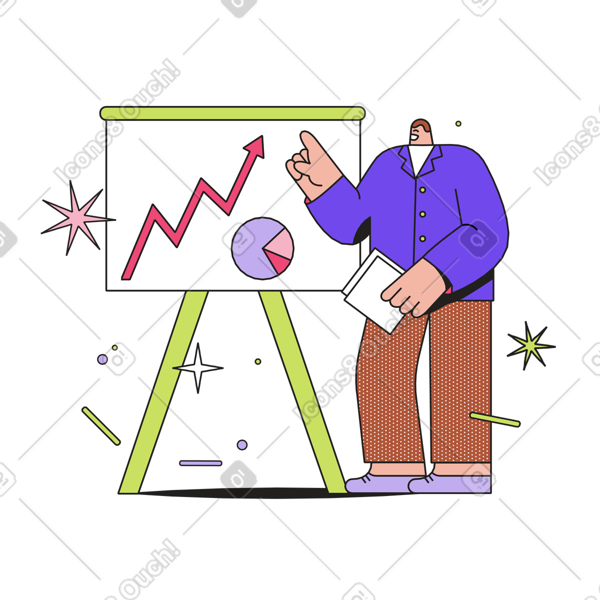 Office worker presenting financial report, Business data analysis and performance review illustrazione animata in stile Dazzle scaricabile in GIF, Lottie (JSON), AE