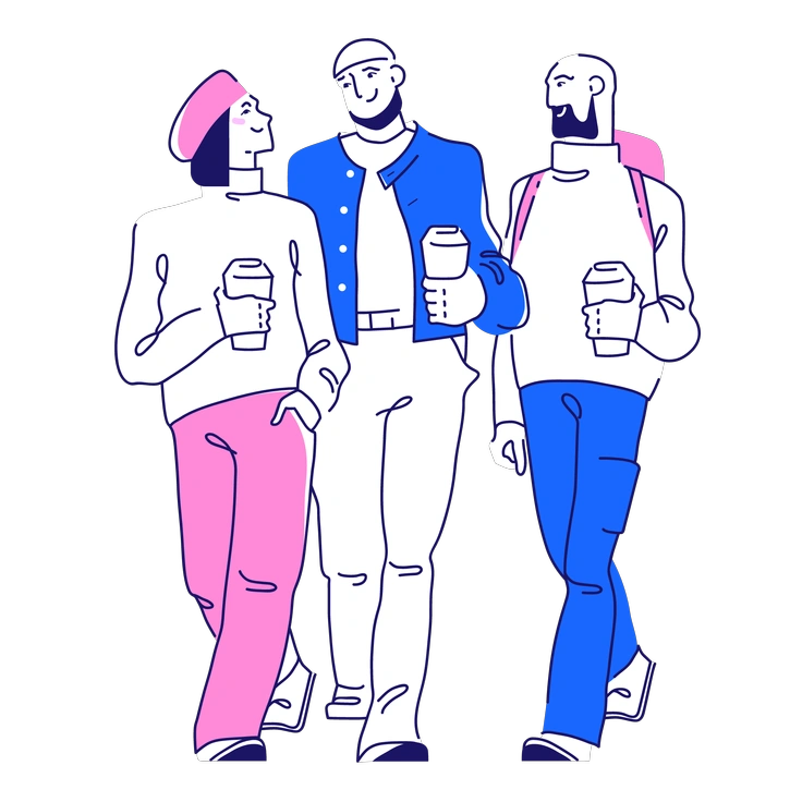Three friends walking with coffee cups - Matey style illustration