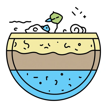 A cross-section of the Earth's crust, showing different layers of soil and rock. The top layer consists of sedimentary rock, containing various fossils such as a fish, a leaf, and a shell. Below, there is a layer of metamorphic rock, which has a textured appearance. Further down, igneous rock is visible with small crystals reflecting light. The entire cross-section is displayed with clear demarcations between each layer, emphasizing the diversity of geological materials and fossil forms within the crust.