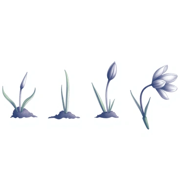 A series of images depicting the blooming process of a crocus flower. The first image shows a bulb planted in soil, with small green shoots beginning to emerge. The second image captures the shoots growing taller, with delicate leaves unfolding. The third image illustrates the bud starting to form, with a slightly rounded shape visible at the top of the shoots. The fourth image presents the flower in full bloom, showcasing its six petal-like segments opened wide, revealing the inner structure. Each stage emphasizes the gradual transformation from bulb to a fully bloomed flower.