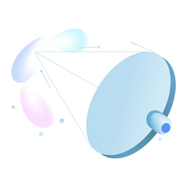 A parabolic mirror is positioned in the center of the image, its reflective surface smooth and shiny. A light beam is striking the mirror at an angle, creating a clear reflection that follows the curve of the parabola. The geometry of the parabola is illustrated with dotted lines extending from the vertex of the mirror, showing the focal point and the dimensions of the parabola. The background features gradient pastel colors that blend harmoniously, enhancing the focus on the mirror and the light beam.