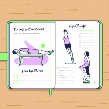 An open fitness journal is displayed on a wooden table. The pages are filled with detailed sketches illustrating a hip thrust workout routine. On the left page, there is a sketch of a person lying on their back on a bench, with their feet flat on the ground and knees bent, preparing for the lift. The right page shows a sequence of three sketches, each depicting different stages of the hip thrust exercise. The first sketch shows the person lifting their hips upward, the second sketch captures the peak position with the hips fully extended, and the final sketch illustrates the return to the starting position. Alongside the sketches, there are handwritten notes describing key points and tips for performing the exercise effectively.