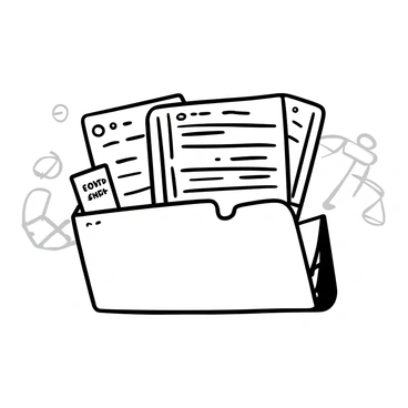 A stack of evidence documents labeled with "5th Amendment" is positioned inside a legal folder. The legal folder is open, revealing the documents neatly arranged within it. There are several papers, each with lines of text and legal symbols, and the folder is secured with a paperclip. The background features faint outlines of a gavel and scales of justice to suggest a courtroom setting.