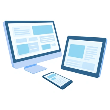 A desktop computer displaying a website with a large screen, showing multiple sections of the webpage filled with text and images. Next to it, a tablet is positioned horizontally, featuring a similar website layout but with a condensed version of the information. Below the tablet, a mobile smartphone is oriented vertically, displaying the website in a simplified format, optimized for smaller screens. Each device is clearly visible, showcasing the differences in design and layout across the three formats.