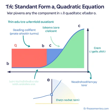 A colorful chart is displayed, breaking down the components of a quadratic equation. The chart is divided into sections labeled "a," "b," and "c," each representing the coefficients in a standard form quadratic equation. The section labeled "a" is highlighted in red, showing its role as the leading coefficient, while the "b" section is in blue, indicating its role as the linear coefficient. The "c" section is highlighted in green, marking the constant term. Arrows connect the sections to a visual representation of a parabolic curve, illustrating how these components affect the graph's shape. Each section contains brief descriptions in clear, legible font, enhancing the overall understanding of the equation's components.