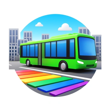 An electric bus in vibrant green color is coming to a stop at a crosswalk. The crosswalk is painted with a colorful rainbow pattern, featuring bold stripes of red, orange, yellow, green, blue, and purple. The bus has a sleek design with large windows and a modern front. The surrounding environment includes a cityscape with tall buildings in the background and a clear blue sky above. The scene captures the bustling energy of urban life.