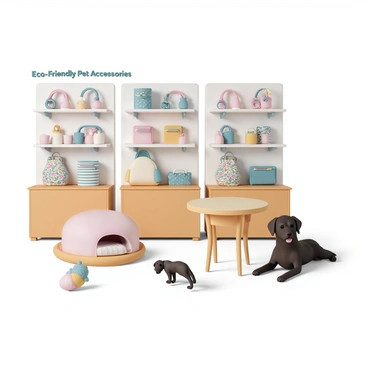 A pet store interior with a variety of pet accessories displayed on shelves. The accessories include collars, leashes, and clothing, all made from reused fabrics and materials. Each item showcases a unique design and color combination, with patterns such as floral, stripes, and polka dots. The store has wooden display tables and soft lighting, creating a welcoming atmosphere. A small cat is playing with a colorful toy made from fabric scraps, while a dog lies comfortably on a pet bed made from recycled materials. A sign in the background reads "Eco-Friendly Pet Accessories."