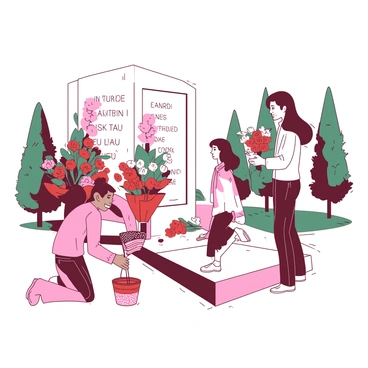 A group of four family members stands at a war memorial on Veterans Day. The family consists of a father, a mother, a teenage son, and a young daughter. The father is holding a bouquet of red and white flowers, while the mother kneels down to place a pink flower at the base of the memorial. The teenage son is standing beside them, looking thoughtfully at the memorial, and the young daughter is holding a small American flag in her hand. The background features a neatly kept lawn and trees, with a clear sky above. The memorial itself has engraved names and is adorned with additional flowers.
