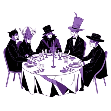 A luxurious dining table is elegantly set with ornate silverware, glimmering under the soft light. The tablecloth is richly adorned, complementing the silverware's intricate designs. At the table, there are several peculiar guests dressed in dark clothing, each displaying unique fashion styles. Some have intricate hats, while others wear striking accessories, adding intrigue to their appearance. The ambiance is filled with a sense of mystery, enhancing the lavish setting of the dining experience.
