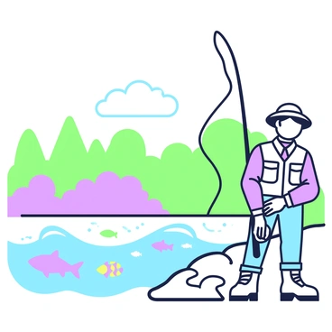 A fisherman is standing by a lake. He is wearing a hat, a vest with pockets, and sturdy boots. In his hands, he holds a fishing rod, focused on the water. The lake has stylized waves creating a sense of movement. Underneath the surface, colorful fish are swimming, visible through the clear water. The background features trees lining the shore, and a few clouds float above in the sky.