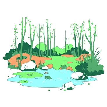 A white swamp landscape is filled with vibrant green new shoots emerging from the ground. The swamp water reflects the surrounding lush vegetation with patches of orange moss covering various rocks and tree roots. In the background, silhouettes of tall, slender trees with fresh green leaves create a natural frame around the scene. Small critters can be seen darting among the foliage, contributing to the lively atmosphere of the spring awakening.