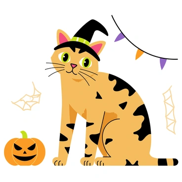 A playful Bengal cat with distinctive spotted fur and bright green eyes is sitting in a room. The cat is wearing a tiny black witch hat that sits jauntily on its head. Surrounding the cat are various Halloween decorations, including a small orange pumpkin with a carved face, a string of purple and orange lights hanging in the background, and a few cobwebs delicately draped in the corners. A festive atmosphere is created by the colorful decorations that complement the cat's mischievous expression.
