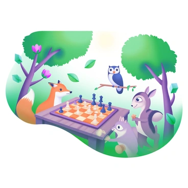 A whimsical woodland setting filled with lush green trees and colorful flowers. In the center, a wooden table is set up for a chess game, featuring a classic chessboard with pieces in mid-game. Around the table, various woodland animals are gathered, including a curious fox with bright orange fur, a wise owl perched on a branch, a playful squirrel holding a nut, and a gentle deer with big, expressive eyes. The atmosphere is bright and cheerful, with soft sunlight filtering through the leaves, creating a magical ambiance.