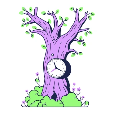 A whimsical clock embedded within the trunk of a large ancient tree