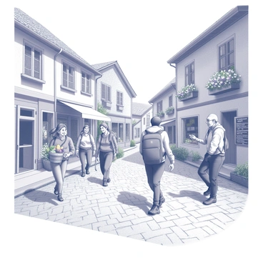 A backpacker is walking along a cobblestone path in a quaint village. The backpacker carries a sturdy backpack and wears comfortable hiking attire. Surrounding them are charming stone houses with wooden shutters and blooming flower boxes. Nearby, a group of friendly locals is gathered, smiling and engaging in conversation. One local is holding a basket filled with fresh produce, while another gestures towards a nearby shop with an inviting sign. The village is bustling with activity, and the atmosphere is warm and welcoming.