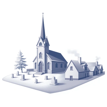 An old church with a tall steeple stands at the center of a small snow-covered village. The church features intricate architectural details, with arched windows and a wooden door that suggests age and history. Surrounding the church is a graveyard, where white tombstones peek through a fresh layer of snow. The snowy landscape includes quaint houses with smoke curling from chimneys, nestled closely together, and trees lightly dusted with snow, enhancing the peaceful winter scene.