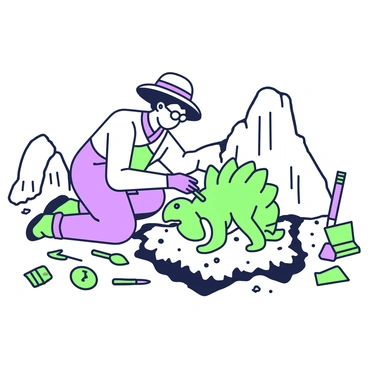 A paleontologist is kneeling on the ground at a dig site, carefully excavating a dinosaur fossil. The paleontologist is wearing a wide-brimmed hat, safety goggles, and gloves. In one hand, they hold a small brush, gently removing dirt from the fossil. The fossil, partially exposed, has large, jagged bones that suggest a dinosaur skeleton. Surrounding the paleontologist are various excavation tools, including a trowel, a pick, and a measuring tape. In the background, there are rocky formations and scattered tools, indicating an active dig site.