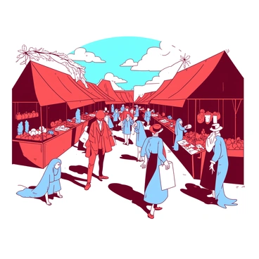A red Victorian market scene is filled with lively stalls covered in colorful fabrics and various goods. The stalls are adorned with fruits, vegetables, and handmade crafts, creating a vibrant atmosphere. Among the market-goers, there are transparent blue ghosts dressed in Victorian clothing, drifting through the crowd. Some ghosts are examining items at the stalls, while others are interacting with the living shoppers. The sky above is bright and clear, adding to the bustling energy of the market.