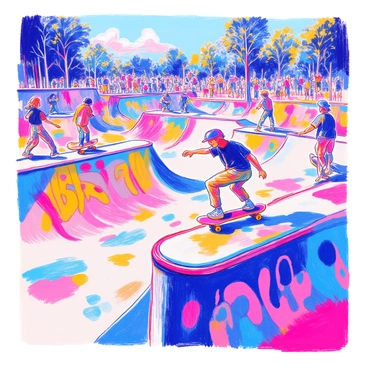 A skate park scene showcases several skateboarders performing tricks in mid-air. One skateboarder is executing a kickflip above a ramp, wearing a blue helmet and a black t-shirt. Another skateboarder is grinding on a rail, dressed in a red cap and baggy shorts. The ground is coated with colorful graffiti art, including vibrant designs of various shapes and letters on the concrete walls. The background features ramps and half-pipes filled with enthusiastic spectators watching the action. Sunlight casts dynamic shadows across the park, enhancing the lively atmosphere.