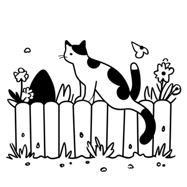 A curious cat with distinct fur patterns is sitting on top of a wooden backyard fence. The cat's body is tense, and its tail is held high, indicating its alertness. Below the fence, there are tufts of grass and scattered leaves, contributing to the outdoor environment. In the background, there are various garden plants and flowers, with a few butterflies fluttering nearby. The scene captures a moment of stillness as the cat intently observes the surroundings.