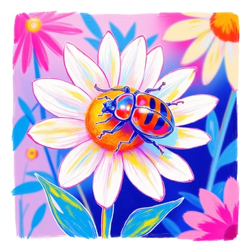 A scarab beetle with a glossy exoskeleton is perched delicately on the petals of a vibrant daisy. The beetle's intricate patterns on its body glisten under the sunlight. The daisy's white petals are bright and fresh, contrasting against the yellow center. Surrounding the daisy are green leaves that frame the flower. The background showcases a soft focus of additional colorful flowers.