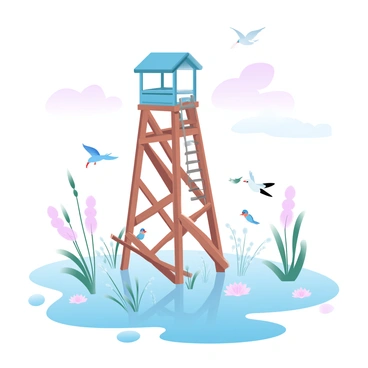 A birdwatching tower stands tall at the edge of a wetland. The tower is constructed from wooden planks, with a ladder leading up to the observation deck. Below the tower, the wetland is filled with various plants, including reeds and water lilies. Different bird species can be seen scattered throughout the scene, some perched on branches while others are wading in the shallow water. The sky above is painted in soft gradient pastel colors, reflecting the tranquility of the environment.