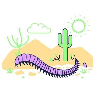 A centipede is crawling across a sandy desert landscape. The terrain is dry and arid, with fine grains of sand visible under its body. The harsh sun casts strong shadows, highlighting the centipede's segmented body, which is elongated and features many legs. Sparse vegetation, such as small cacti or dry shrubs, can be seen in the background, emphasizing the desolation of the environment. The sky is clear with the intense sunlight beaming down, creating a stark contrast between the vibrant life of the centipede and the harshness of the desert.