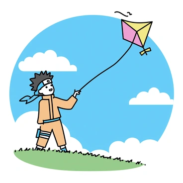 A young ninja with spiky black hair, wearing an orange jumpsuit and a blue forehead protector, is flying a colorful kite. The kite is shaped like a dragon with vibrant colors, soaring high in the air. The background features a bright blue sky filled with fluffy white clouds and a gentle breeze ruffling the grass below. Naruto is standing on a grassy hill, smiling as he holds the kite string, enjoying the thrill of the windy summer day.
