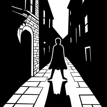 A figure resembling "Nosferatu" stands in the shadows of a dimly lit cobblestone street. The cobblestones are uneven and reflect the faint light from an old-fashioned lantern hanging on a nearby wall. The figure has elongated limbs and a dark cloak that flows around him. Shadows stretch across the cobblestones, creating a sense of depth and mystery. The surrounding buildings are tall and narrow, with brick facades, adding to the ambiance of the scene. A light mist hovers slightly above the ground, enhancing the atmosphere of suspense.