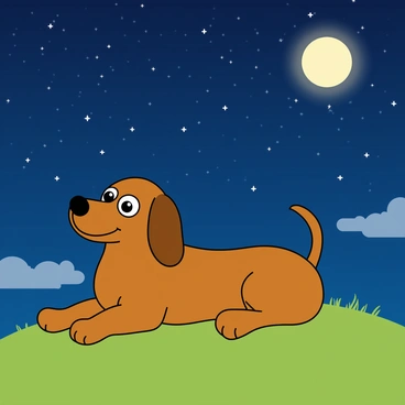 A playful dachshund with a smooth brown coat and long ears is lying on a grassy hill. Its big, curious eyes are fixed on the twinkling stars above. The night sky is clear and illuminated with countless stars, some appearing larger and brighter than others. The moon shines down, casting a gentle light on the dachshund, highlighting its adorable features. In the background, a few fluffy clouds are drifting by, but the stars remain visible, creating a magical atmosphere. The dachshund's tail is wagging slightly, suggesting excitement and wonder at the sight above.