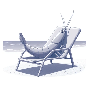 A giant shrimp is reclining comfortably on a beach chair. The shrimp has a curved body and elongated antennae, showcasing its detailed texture. It appears relaxed with its claws resting on the armrests. Next to the shrimp, there is a tiny ocean with gentle waves lapping at the shore. The water's surface has a slight sheen, reflecting light. The scene is set on a sandy beach, with soft grains visible beneath the shrimp's chair. In the background, a clear horizon separates the sky from the ocean.