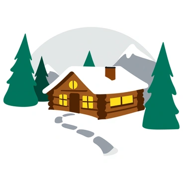 A snowy landscape featuring a cozy log cabin nestled among tall pine trees. The cabin has warm yellow light glowing from its windows, providing a welcoming contrast to the white snow covering the ground and rooftops. Snowflakes gently fall from a gray sky, adding to the winter atmosphere. In the foreground, there are footprints leading towards the cabin, while in the background, distant mountains are capped with snow. The scene is tranquil and inviting, showcasing the beauty of a winter day.