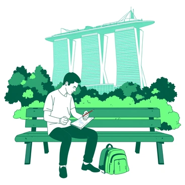 An illustrator is seated on a green park bench, focusing intently on sketching the "iconic Marina Bay Sands" in front of him. The building's distinctive three towers rise majestically against the sky, with the "SkyPark" perched on top, resembling a large ship. The background features lush green trees and shrubs surrounding the park, enhancing the scene's vibrancy. The illustrator holds a sketchbook in one hand, with a pencil poised above the page, as he captures the intricate details of the architecture. A small backpack rests on the bench beside him, hinting at a day spent exploring the area.