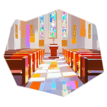 Rows of wooden pews inside a synagogue with prayer books neatly arranged
