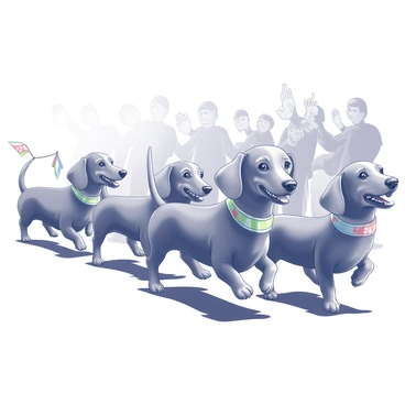 A group of dackels, also known as dachshunds, is marching in a parade. Each dog is wearing a colorful bandana around its neck. The dackels are happily strutting along, their tails wagging enthusiastically. Small flags are attached to their collars, fluttering as they move. The scene captures a lively atmosphere, with some dackels playfully interacting with each other while others focus on the crowd. The parade route is lined with cheering spectators, clapping and smiling at the joyful procession.