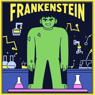A vintage movie poster featuring "Frankenstein's monster" standing in a dark, eerie laboratory filled with electrical equipment and flickering lights. The monster has green skin, prominent stitches, and wild black hair. In the background, there are shadows of laboratory equipment such as beakers and wires. The title of the movie is displayed at the top in bold, dramatic letters. The overall color palette includes dark greens, blacks, and hints of yellow for a classic horror feel.
