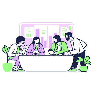 A diverse group of employees is engaged in a lively discussion in a corporate office environment. There are four individuals gathered around a large, oval conference table. On the left, an employee with curly hair wearing glasses is speaking animatedly, while a woman with straight hair in a blazer listens intently. On the right, a man with a beard is leaning forward, contributing to the conversation, and a woman with a short hairstyle is taking notes on a tablet. The background features a large window with city views, and there are several plants in green pots placed around the room. A whiteboard with colorful charts is visible behind them, adding to the dynamic of the meeting.