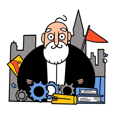 A close-up of a light-skinned man with big eyes and a bushy white beard, wearing a black suit and a white shirt. He has a serious expression on his face. Surrounding him are various symbols representing his philosophies, including a red flag, gears, and books. The background features a faded image of a city skyline to signify industrialization, while the symbols are brightly colored to emphasize their importance.