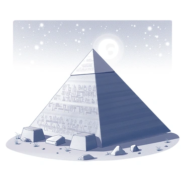 A large, ancient pyramid with a weathered stone surface stands prominently in the foreground. Its sides are steep, and intricate hieroglyphs can be seen etched into the stone, hinting at a rich history. Surrounding the pyramid are scattered rocks and tufts of grass, adding to the rugged terrain. Above, a vast sky filled with countless stars twinkles brightly, casting a soft light over the scene. The moon is visible, illuminating the top of the pyramid and creating long shadows that stretch across the ground.