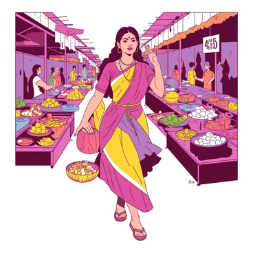 A vibrant illustration depicts "Goddess Lakshmi" adorned in traditional attire, gracefully walking through a bustling marketplace filled with various colorful stalls. She holds a pot filled with golden coins in her right hand, while her left hand is raised in a gesture of blessing towards the traders and shoppers around her. Surrounding her, traders display an array of goods, including fruits, spices, and textiles, all richly detailed. The atmosphere is lively with people engaged in conversation and exchanging goods, capturing the essence of prosperity and abundance in the marketplace.