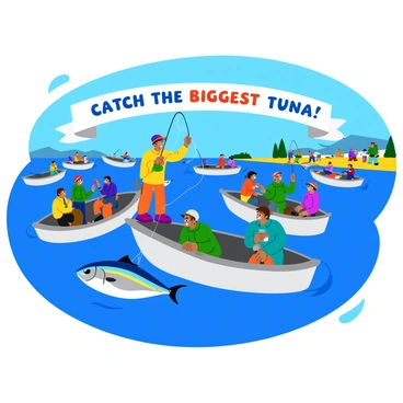 A vibrant fishing competition scene takes place on a sunny day, featuring several fishing boats bobbing on the sparkling blue ocean. Each boat is filled with enthusiastic anglers, all determined to catch the biggest tuna. The anglers display a range of colorful fishing gear, including rods, reels, and bait. In the foreground, one angler stands at the edge of a boat, excitedly reeling in a large, shimmering tuna that glints in the sunlight. The competition banner overhead reads, "Catch the Biggest Tuna!" in bold, cheerful lettering. Spectators cheer from the shoreline, adding to the lively atmosphere of the event.