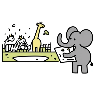 A young elephant, resembling "Babar," is standing in front of a large enclosure at the zoo. He is holding a detailed "map" in his trunk, looking curiously at a group of "giraffes" in their habitat. The giraffes are stretching their long necks to reach the leaves on the trees. Nearby, there are "zebras" grazing on the grass, their black and white stripes contrasting with the green surroundings. A small pond is visible in the background, reflecting the sunlight, while a few "birds" are perched on the fence nearby. Babar appears engaged and fascinated by the diversity of animals he is observing.
